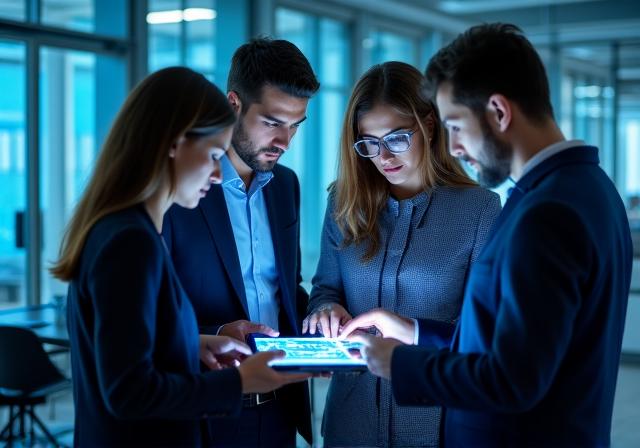 Equipo de consultoría analítica trabajando en oficina moderna