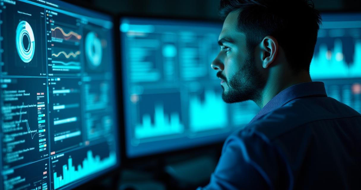 Analista revisando dashboards complejos en una pantalla moderna